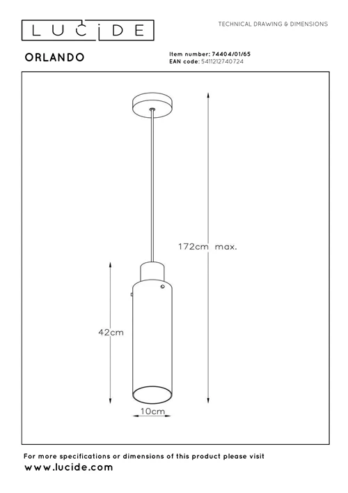 Lucide ORLANDO - Hanglamp - Ø 10 cm - 1xE27 - Fumé - technisch